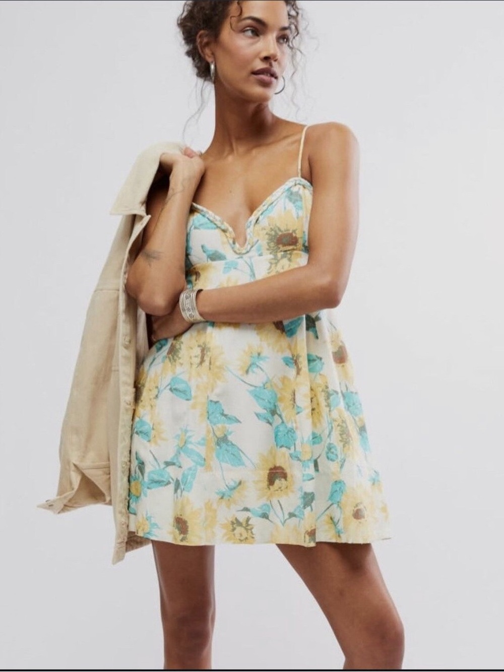 Free People Altura Printed Mini Dress-Pale Sunflowers